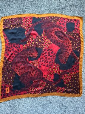 YSL Scarf. Vibrant Red Leopard Motif Silk Scarf